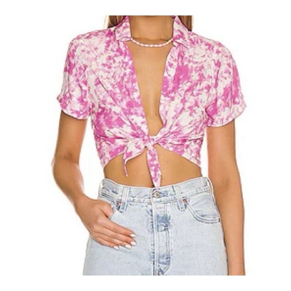 For Love and Lemons Pink Tie Dye Front Tie Top Shirt Women's S New